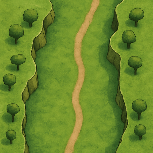 Un paisaje verde en los laterales hay montañas o "TIERRA ELEVADA" totalemente elevada sin desniveles (Unos dos o tres niveles mas altos que el camino normal., la vista del paisaje es desde arriba una vista cenital (como si fuese un mapa) quiero que sigas el dibujo al pie de la letra