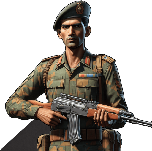 A military general holding a rifle.
Single Game Texture. In-Game asset. 2d. Blank background. High contrast. No shadows.