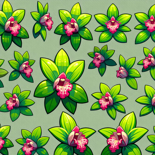 A sprite sheet of different green orchids with pink streaks seen from above. Cartoon. All similar size. Just the blossom. Bold colors and shading. 
Single Game Texture. In-Game asset. 2d. Blank background. High contrast. No shadows.