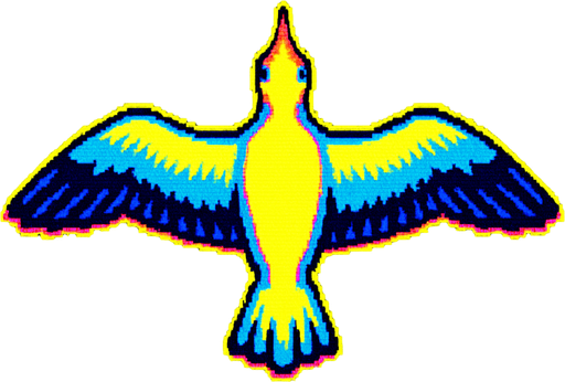 A seagull with wings spread straight out as if soaring. Top down view, looking down from above. 80s arcade machine graphics.
In-Game asset.  2d.  High contrast.  No shadows