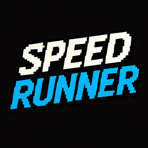 letras que dicen speed runner las letras speed tienen un color blanco con contorno negro y las letras runner un color celeste con un contorno azul todo hecho con pixeles y con una cursiva.
In-Game asset.  2d.  High contrast.  No shadows