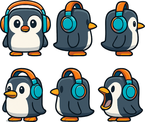 Create a character sprite sheet for a 2D mobile game. The subject is a cubical cute, chubby penguin character with large, expressive eyes, wearing oversized, colorful headphones. The art style should be clean vector art with bold outlines and simple, vibrant cel shading. The sheet must be on a plain white background with each sprite clearly separated. Include the following 6 full-body sprites in an orthographic, non-perspective view:
Idle stance, facing front.
Idle stance, facing back.
Idle stance, left side view. Idle stance, right side view.
Mouth wide open (as if eating), facing front.
Mouth wide open, left side view.