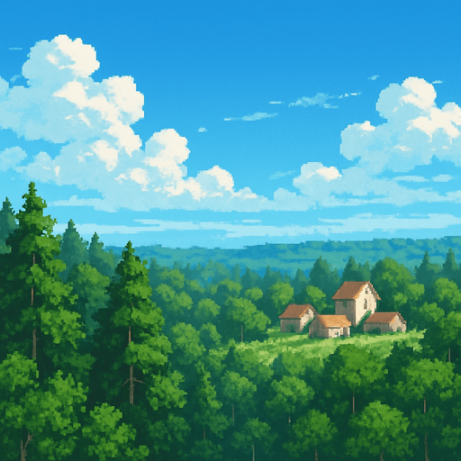 16 bit image langit biru cerah, daerah hutan luas, di kejauhan ada pedesaaan sederhana. suasana pagi hari langit biru.
In-Game asset.  2d.