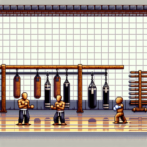martial arts background fight scene.
Single Game Texture. In-Game asset. 2d. Blank background. High contrast. No shadows, detailed pixel art style