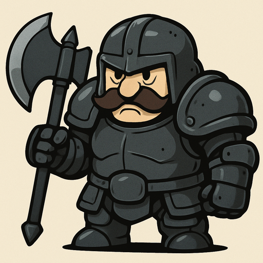 Un guerrero acorazado en estilo chibi de cuerpo completo, de cuerpo bajo y ancho, con una gran armadura pesada de hierro gris oscuro que cubre casi todo su cuerpo. Un casco de hierro de aspecto rudo, dejando ver un bigote italiano chistoso y exagerado. La armadura es muy voluminosa, con hombreras redondeadas, brazales gruesos y botas metálicas, transmitiendo la idea de fortaleza e impenetrabilidad. Sostiene un enorme hacha de batalla de doble filo, desproporcionada en estilo chibi, que enfatiza su poder de ataque. Su expresión es ruda pero cómica gracias al bigote, dándole un aire intimidante y gracioso a la vez..
In-Game asset.  2d.  High contrast.  No shadows