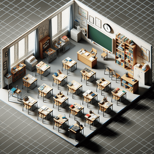 A school classroom from above.
Single Game Texture.  In-Game asset.  2d.  Blank background.  High contrast.  No shadows