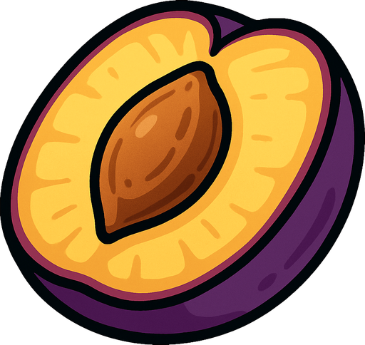Ciruela Fruta cortada por la mitad.
In-Game asset.  2d.  High contrast.  No shadows. Cartoon.