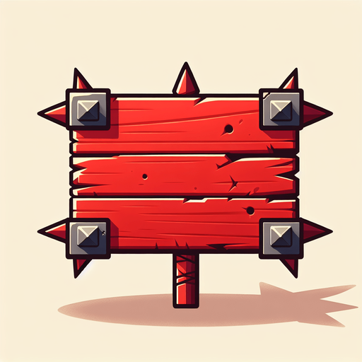 A dangerous bright red wooden message board with long spikes on all sides. Views straight from the front as an interface element..
Single Game Texture. In-Game asset. 2d. Blank background. High contrast. No shadows.