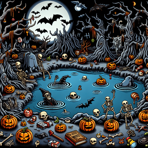 Generate a high quality cartoon background Halloween image on a black canvas similar to the format of where is waldo with a hellish lake environment.
Single Game Texture. In-Game asset. 2d. Blank background. High contrast. No shadows.