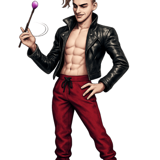 Swishy graceful man Cyberpunk manga, black leather biker jacket longsleeves shirtless Skinny abs blonde undercut pompadour vampire fangs guy, magic gemstone tipped wand, wine red joggers, combat boots, idle animation standing twirling wand, Background removed, "Full-body character, entirely in frame, no cropping of face, head, or feet" "Complete character visible, from head to toe, fully centered in the image" "Entire character, including hair face and boots, fully within the frame" Character fully contained within frame, no edges cut off, fashion model style of vogue magazine