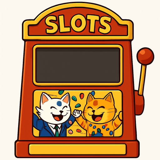 A slots machine with the word Slots at the top. The section where the reels should be is a big empty rectangular window. Underneath that window have a smaller graphic of the cats from this picture throwing chips into the air as a picture on the face of the slots machine. Like they’ve won a jackpot. Include the part where the buttons are, but have that part blank with no buttons. Background behind the image is white.