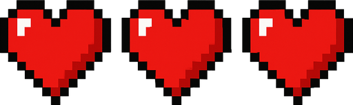 tres corazones hechos con pixeles.
In-Game asset.  2d.  High contrast.  No shadows