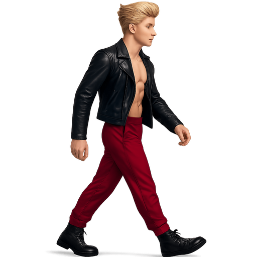 Same pose profile view walking animation, shiny black leather biker jacket longsleeves shirtless Skinny abs blonde pompadour guy, wine red joggers combat boots, Background removed, "Full-body character, entirely in frame, no cropping of face, head, or feet" "Complete character visible, from head to toe, fully centered in the image" "Entire character, including face and boots, fully within the frame" Character fully contained within a square frame, no edges cut off fashion model idle pose