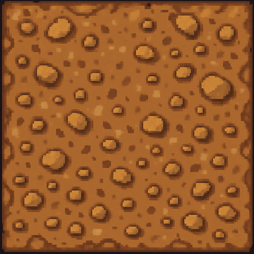 Top-down view of a single cartoon-style dirt and gravel path tile, seen from above, 2D game style, seamless and repeatable texture, hand-drawn or pixel-art style, natural colors, a mix of packed earth and scattered small stones, 32x32 sprite..
In-Game asset.  2d.  High contrast.  No shadows