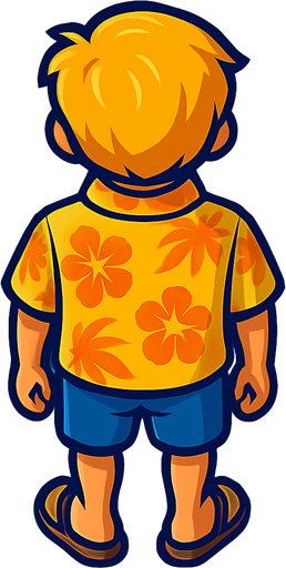 A young boy with a yellow Hawaiian style shirt and sandals. No hat. Blonde hair.