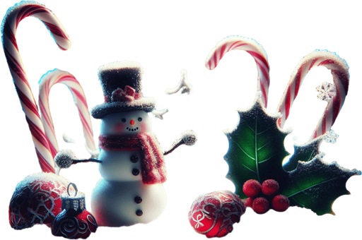 a feeric christmas landscape at night with a snow man , candy canes ,holly leafs and snow flakes, Background image