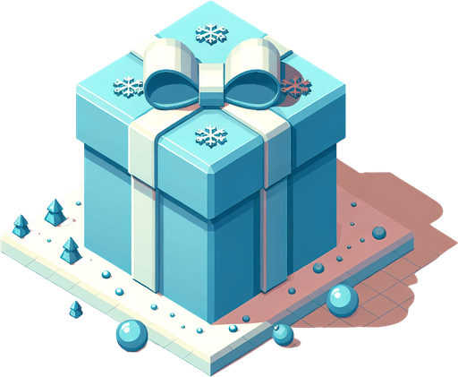 A big light blue decorated christmas gift, isometric view Single Game Texture. In-Game asset. 2d. Blank background. High contrast. No shadows.