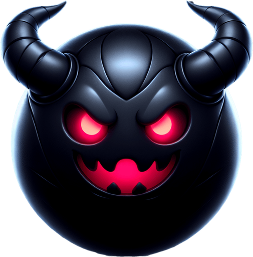 uma bola preta com chifres, e com olhos vermelhos com um sorriso assustador, fundo png.
Single Game Texture. In-Game asset. 3d. Blank background. High contrast. No shadows.