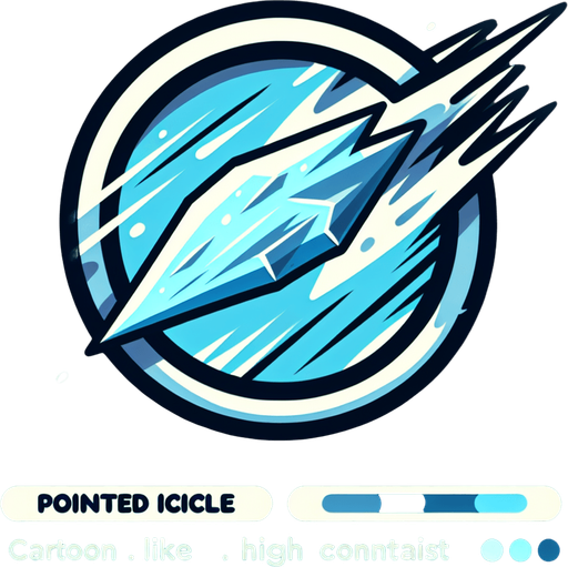 Icon for a very speedy icicle, on a circle, with the text „pointed Icicle“ at top, cartoon Single Game Texture. In-Game asset. 2d. Blank background. High contrast. No shadows.