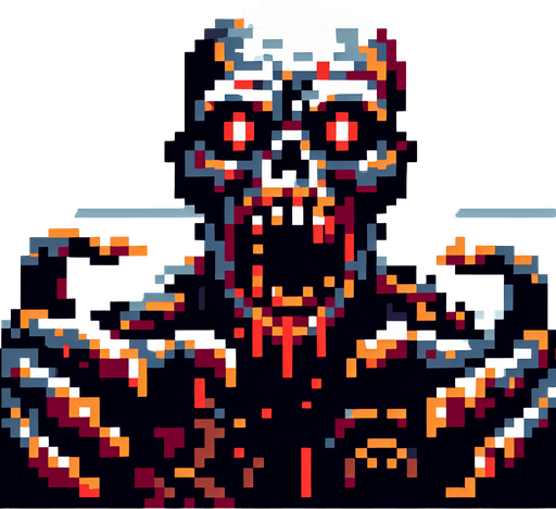 Make it a 8 bit zombie that is menacing.
Single Game Texture.  In-Game asset.  2d.  Blank background.  High contrast.  No shadows