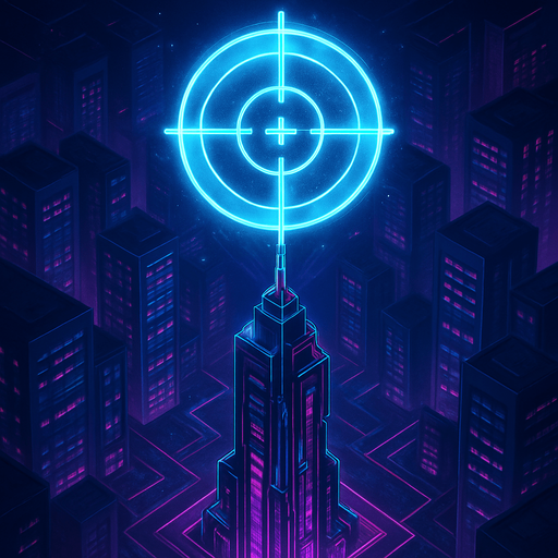 Top down isometric neon cyberpunk anime talk futuristic tower spire 3d sniper bullseye gun symbol glowing hd large hologram over top