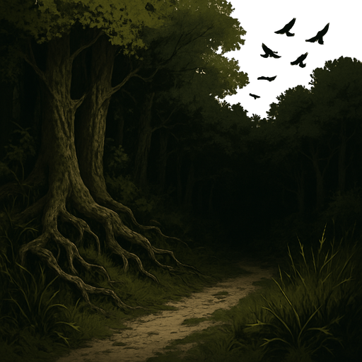 The edge of a thick medieval forest, tangled roots and wild grass, birds flying above, a worn path leading into shadow, realistic.
In-Game asset.  2d.  High contrast.  No shadows