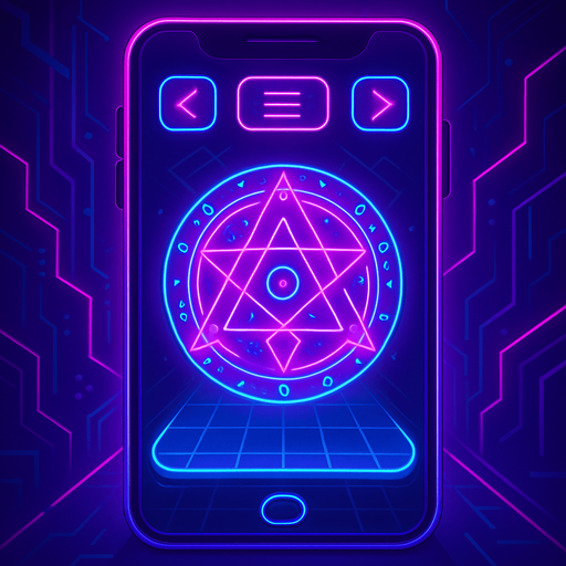 Neon cyberpunk mobile game trackpad too down flat 3d 2d hologram futuristic magic occult chic