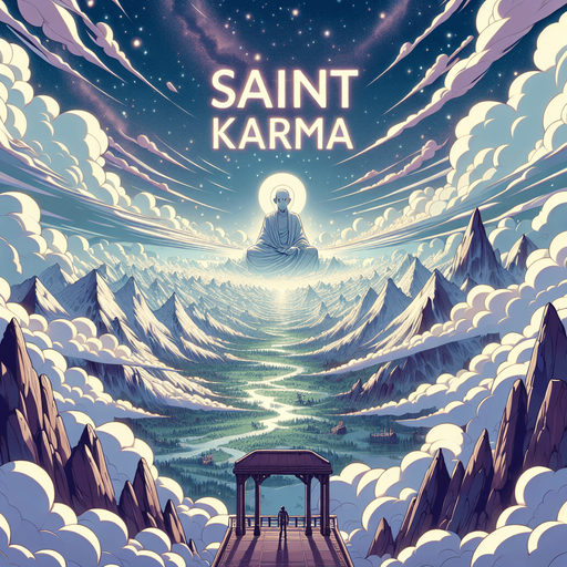 epic landscape intro in the clouds. cartoon 2d style. It has the title: "Saint Karma"