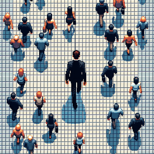 Directly overhead, plumb view of a business man heading top (we see his back). walinkg. empty hands..
Zenith view, directly overhead, plumb view. NOT PERSPECTIVE!. Pixel art