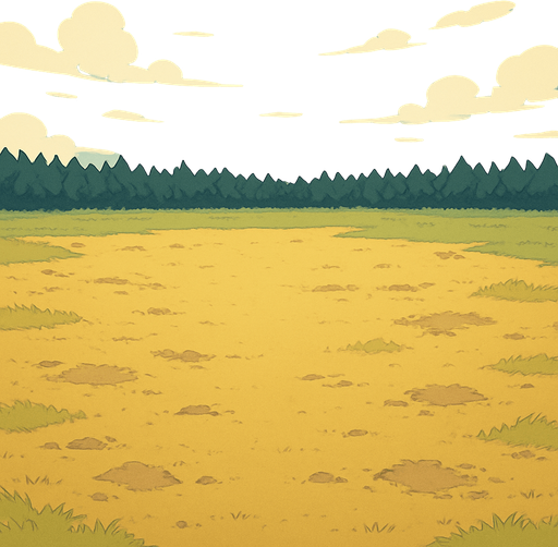 empty battlefield. meadow without trees. direct top down view. horizon in distance with dark florest.. concept Style inspired by Pokemon and Digimon but Unic