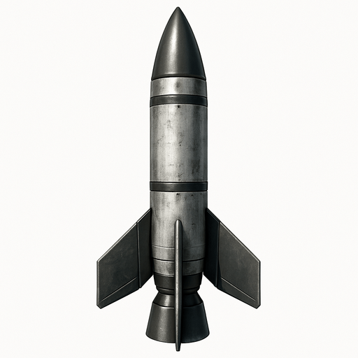 Füze, üstten görünüm, gerçekçi, yazısız.
In-Game asset.  High contrast.  No shadows