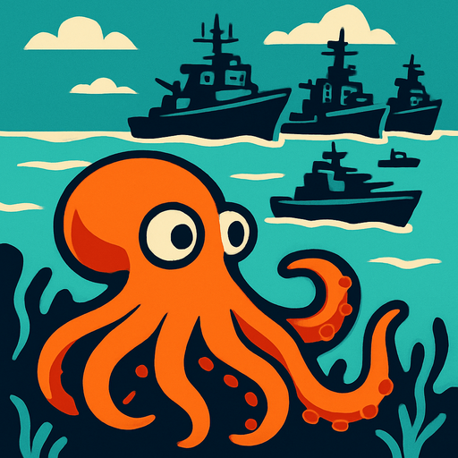 un pulpo naranja viendo que barcos de guerra vienen a atacar su hogar marino.
In-Game asset.  2d.  High contrast.  No shadows