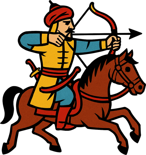 A soldier from the Ottoman period using a bow and arrow on a horse.
In-Game asset.  2d.  High contrast.  No shadows