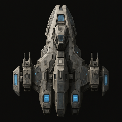 Uzay temalı Savaş Gemisi, gerçekçi, yazısız üstten görünüm. 
In-Game asset.  High contrast.  No shadows