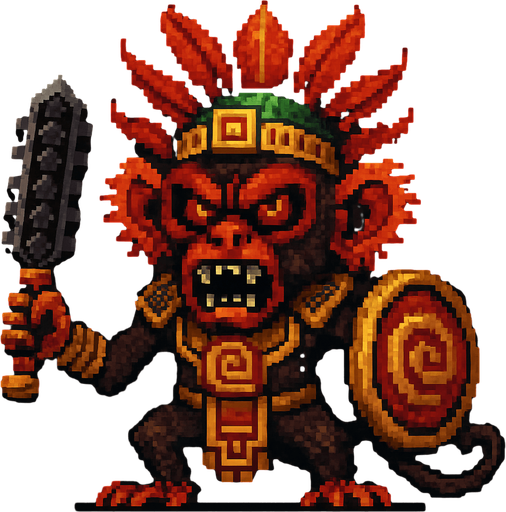 Genérame una MONO TITÍ guerra azteca con eso patrones estilo pixelar, con una apariencia maligna..
In-Game asset.  2d.  High contrast.  No shadows