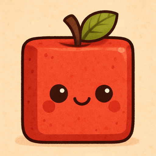 Perfectly square red apple decoration. Cartoon. Cute art style. 2d
