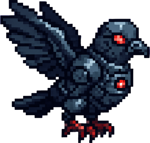 Pixel art of an evil pigeon with robotic parts, red glowing eyes, and tiny armor. Flying pose, side view, 2D pixel sprite for an arcade game.
In-Game asset.  2d.  High contrast.  No shadows