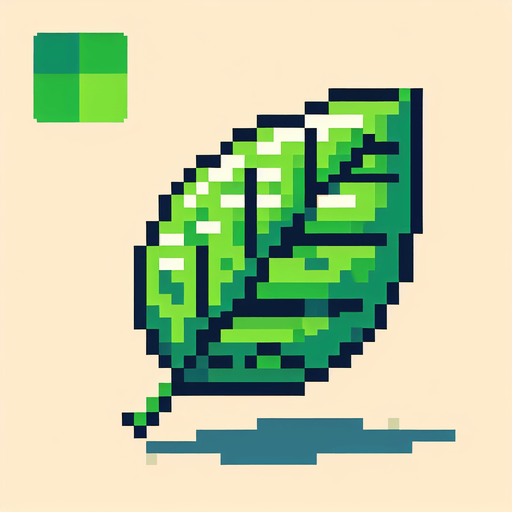 pixel art green leaf.
Single Game Texture.  In-Game asset.  2d.  Blank background.  High contrast.  No shadows