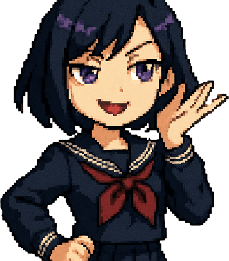 A charming anime-style girl rendered in delightful Pixel Art, featuring an emo aesthetic, striking purple eyes, and a classic Japanese school uniform (sailor fuku).

She confidently strikes the iconic “Ojou-sama pose”:
Her left hand is elegantly lifted near her face, fingers gracefully splayed like a fan, perfectly framing her smug expression.

Her face bears a tilted, self-assured smile, the kind that practically echoes a soft, aristocratic “Ohoho~” laugh. One eyebrow arches subtly, radiating playful confidence and a touch of superiority.

Her right hand rests casually near her waist, loosely clenched into a relaxed fist — an anchor for her graceful yet dominant posture.

Behind her stretches the polished hallway of a Japanese school, complete with sliding doors and sunlit windows, completing the scene with a nostalgic, everyday charm — all captured in the cozy, detailed charm of Pixel Art.