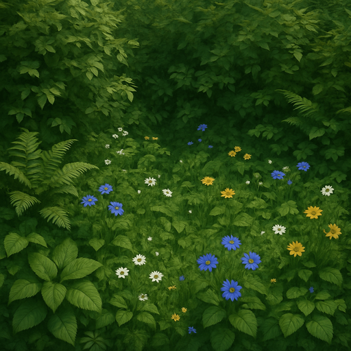 a background full of greenery and some flowers.
In-Game asset.  3d. Realistic
