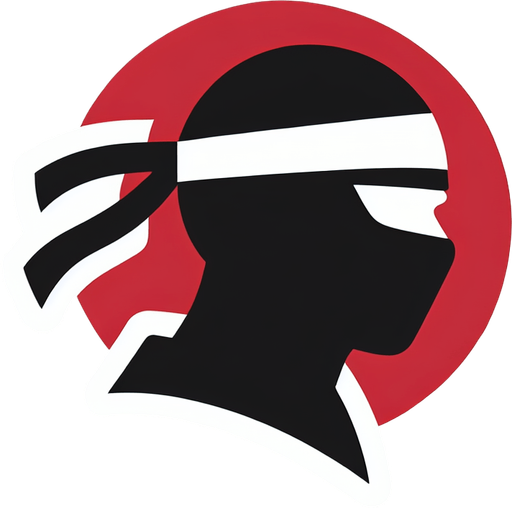 A minimalist icon depicting a ninja head silhouette in black. The silhouette should be simple and recognizable, with a headband or mask detail. The background should be transparent or a contrasting color (e.g., red or white)..
Single Game Texture. In-Game asset. 2d. Blank background. High contrast. No shadows.