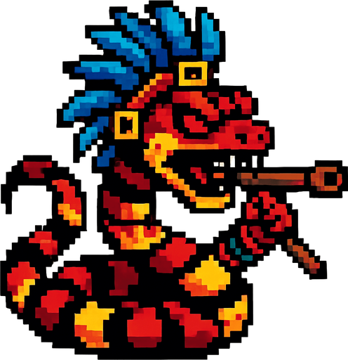 Genérame una Serpiente coral guerrero azteca con eso patrones, estilo pixelar, con una apariencia maligna, ojos rojos, rabioso. Unidad a distancia, con cerbatana. Animal.
In-Game asset.  2d.  High contrast.  No shadows