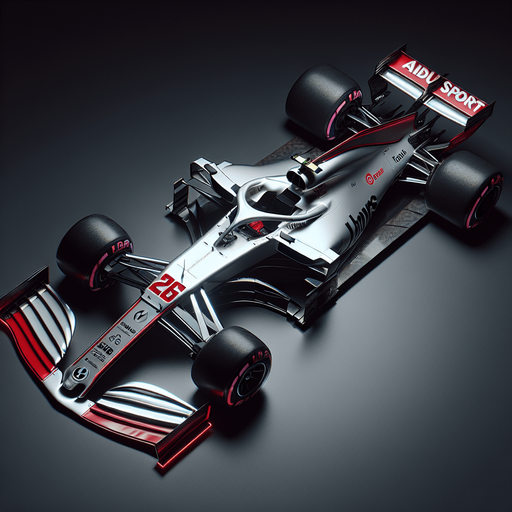 Photorealistic AUDI F1 race car, top view. 
Hex Color Code: #FF2A1B
Silver body with black stripes.
Luminous bright red rear wing and front wing, 
Audi's 4 piece of white ring on rear wing. 
White ,,Aidu Sport" text on front wing. 
red 26 number on nose.