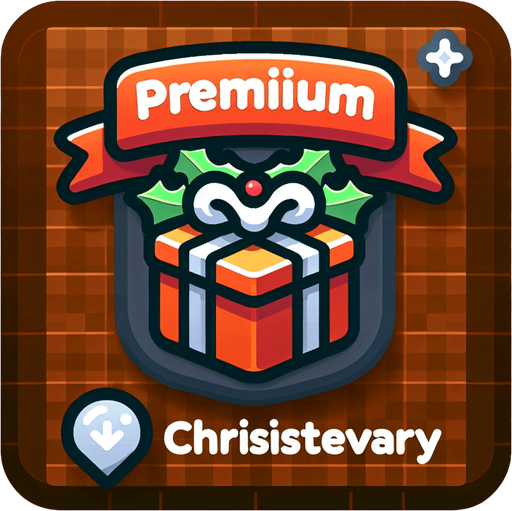 Icon for premium christmas delivery, cartoon, with the text: „Premium Delivery“ at top Single Game Texture. In-Game asset. 2d. Blank background. High contrast. No shadows.