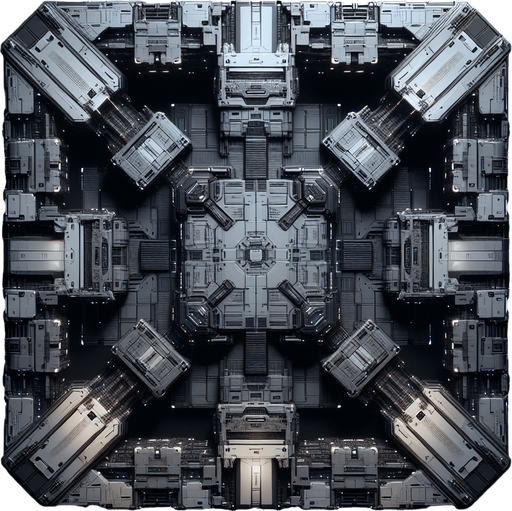 Create the top down view of what it would look to be inside of a very dark space ship's empty cargo bay..
Single Game Texture. In-Game asset. 2d. Blank background. High contrast. No shadows.