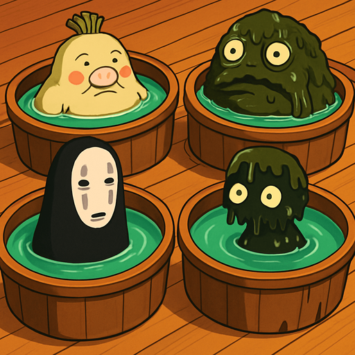 Japanese circle bath have different stink spirits from movie "spirited away". each one per bath. HD colors.
In-Game asset.  2d.  High contrast.  No shadows