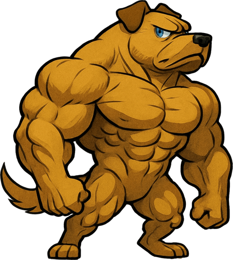 Golden dog with blue eyes that is SOO BUFF that he looks so cool and he scares everyone away. full body. Facing right.
2d.