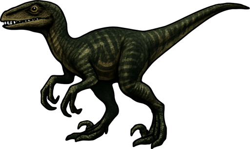 A sleek and agile Deinonychus dinosaur in a neutral pose on a transparent background. It has a slender body covered with dark green and brown textured scales, accented with lighter stripes along its sides. The head is narrow with sharp teeth visible, and bright, alert eyes. Its arms are relatively long with sharp claws, and its legs show the famous sickle-shaped claws on the second toes. The tail is long and flexible for balance. The skin texture is detailed, showing small scales and subtle muscle definition..
In-Game asset.  2d.  High contrast.  No shadows