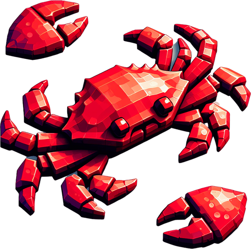 15 bit image red crab.
Single Game Texture.  In-Game asset.  2d.  Blank background.  High contrast.  No shadows