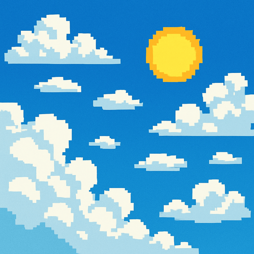 a cloudy and sunny pixel art sky.
In-Game asset.  2d.  High contrast.  No shadows
